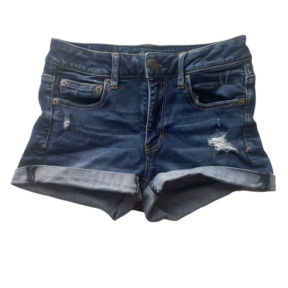 AEO American Eagle Distressed Jean Shorts Denim Dark Blue Size 4 Super Stretch